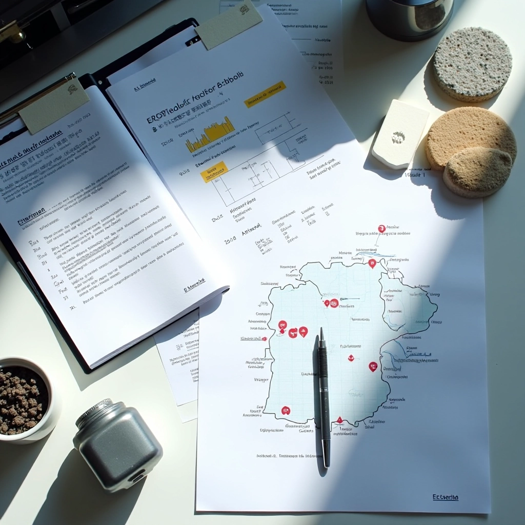 Editorial team workspace with research materials, filtration documentation, and facility specifications spread across desk