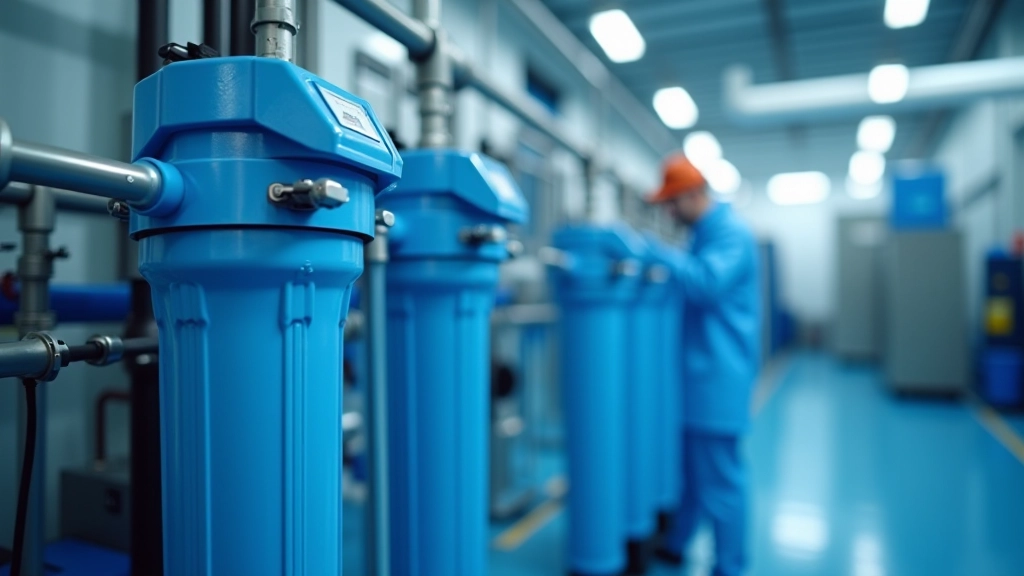 Professional water filtration system installation showing multi-stage filtration setup in industrial plant