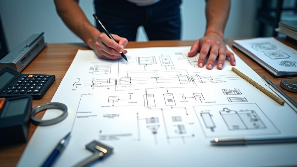 Blueprint and technical specifications for filtration system design laid out on engineering desk