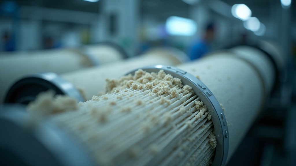 Close-up view of industrial filter cartridges showing accumulated dust and debris buildup on pleated surface