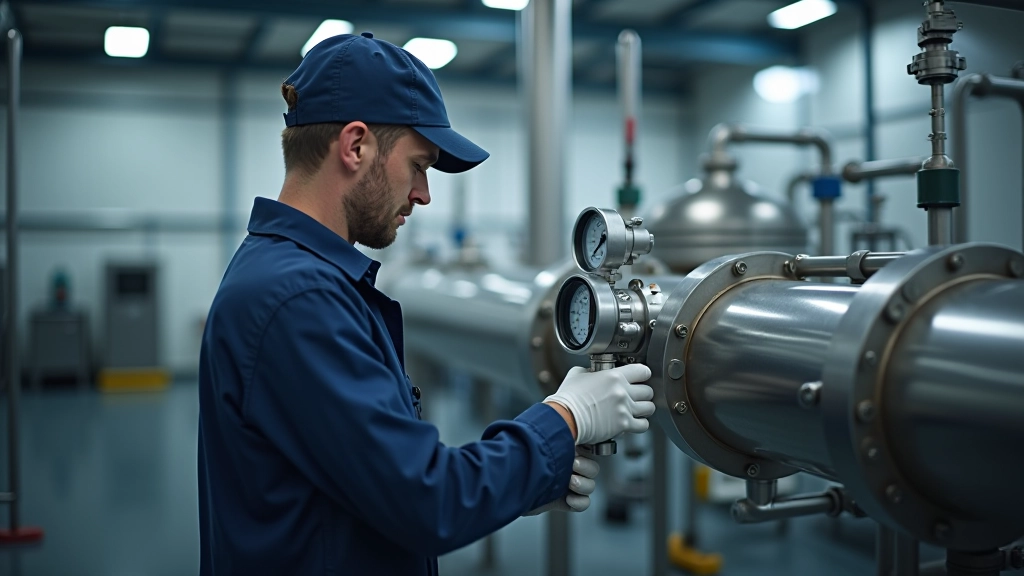 Industrial flow meter measuring water filtration system capacity in manufacturing facility