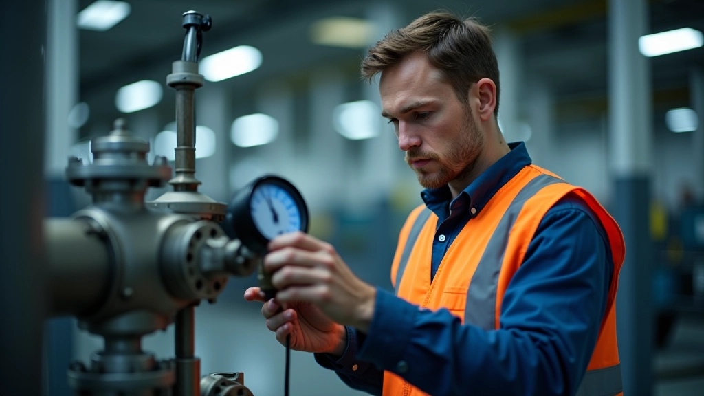 Maintenance technician holding digital pressure gauge displaying real-time filter differential pressure readings